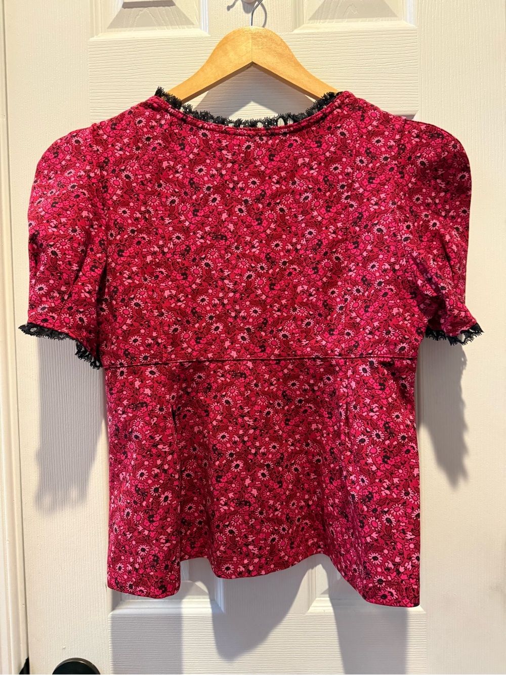 Maeve Pink Floral Scoop-Neck Blouse with Black Lace Trim - Picture 2 of 4